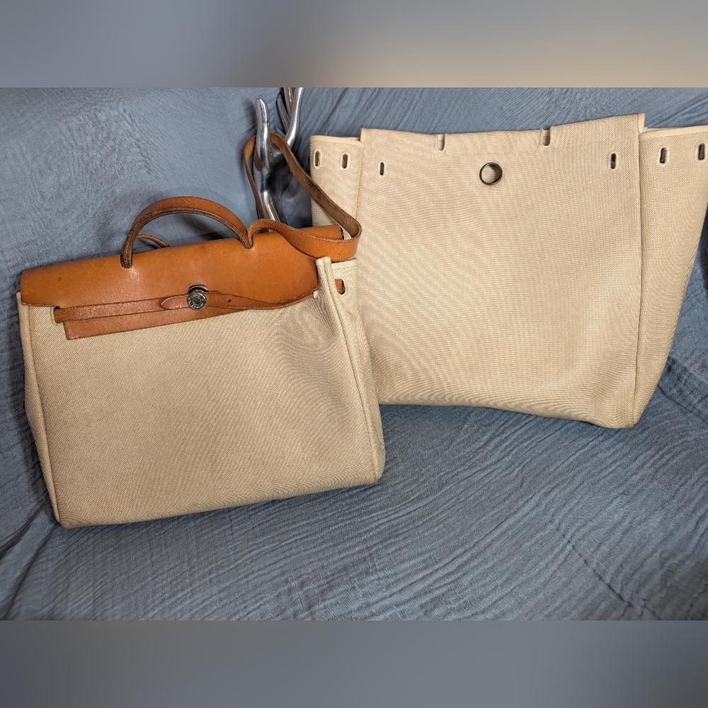 Authentic Hermes Toile Herbag 39 GM 2 In 1 Messenger Laptop Beige Leather